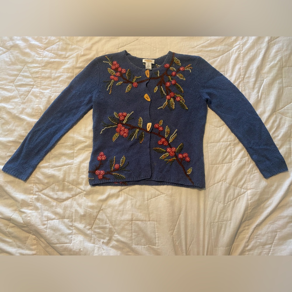 Talbots Vintage Blue Cardigan with Floral Embroidery